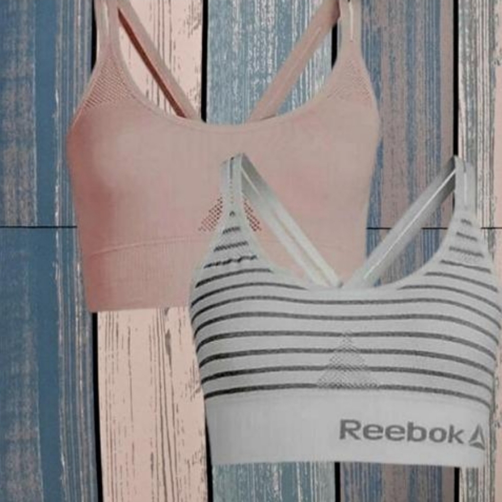 Reebok Women's Light Pink & Gray/White Stripe 2 Pack Strappy Bralette 